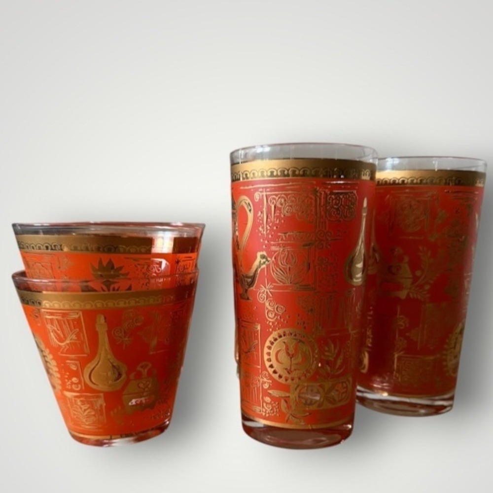 Libbey Glass 7 piece Set Orange Gold Early American MCM 60s Barware Atomic Eagle